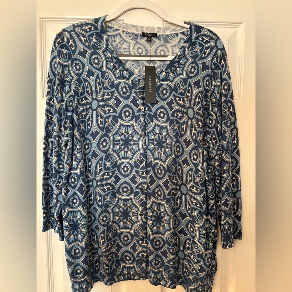 Talbots Beautiful Blue Paisley Cardigan Sweater.